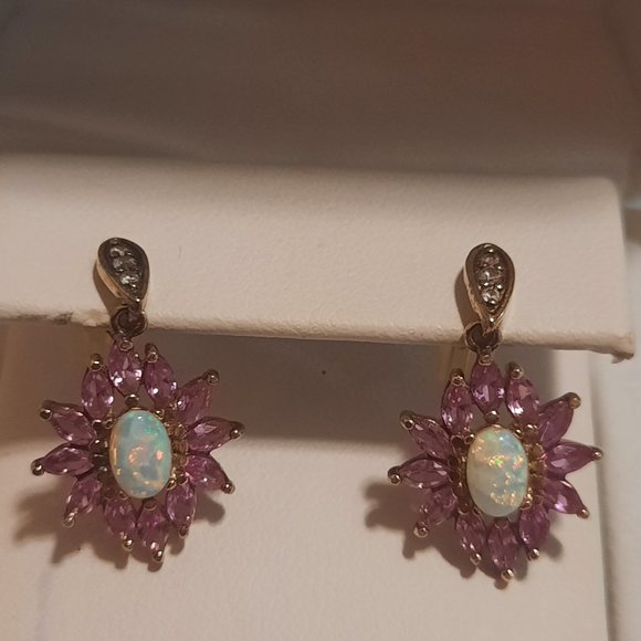 18K Gold over Sterling Silver Lab-Created Opal & Pink Sapphire Earrings - Picture 3 of 4